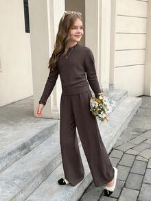 SHEIN Tween Girls Dark Brown Autumn Casual 2 Pieces Set,Textured Knit Side Ruched Long Sleeve T-Shirt And Wide Leg Pants,Back To School Fall Winter Outfit - Brown - View 3