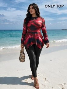 Swim Shayni 大码女式扎染印花喇叭袖不对称下摆收腰泳衣上衣 - 彩色 - 查看 2