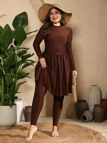 SHEIN Swim 大码纯色极简长袖布基尼套装 - 棕色 - 查看 6