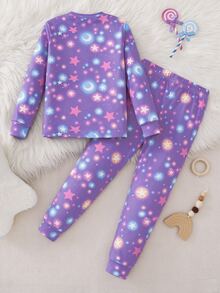 [6 Sets Randomly Sent 1 Set]Young Girls Pajamas Cartoon Glow-In-The-Dark Print Long Sleeve Long Pants Knit Snug Fit Sleepwear Home Set - Multicolor - View 2