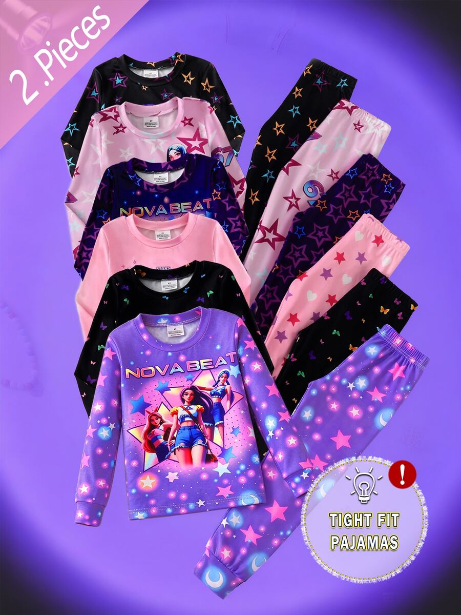 [6 Sets Randomly Sent 1 Set]Young Girls Pajamas Cartoon Glow-In-The-Dark Print Long Sleeve Long Pants Knit Snug Fit Sleepwear Home Set - Multicolor - View 1