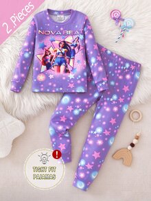 [6 Sets Randomly Sent 1 Set]Young Girls Pajamas Cartoon Glow-In-The-Dark Print Long Sleeve Long Pants Knit Snug Fit Sleepwear Home Set - Multicolor - View 3
