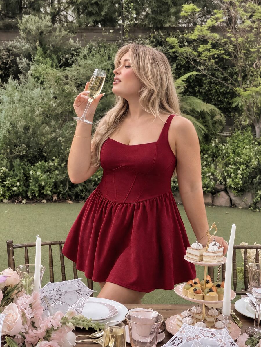 SHEIN MOD Vestido camisero con estructura de corsé en color borgoña talla grande - Burdeos - Ver 1