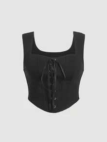SHEIN MOD Plus Size Black 1pc Lace-Up Front Bow Tie Corset Structure Top, Valentine Day - Black - View 2