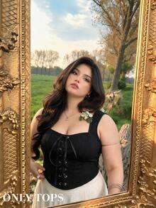 SHEIN MOD Plus Size Black 1pc Lace-Up Front Bow Tie Corset Structure Top, Valentine Day - Black - View 6