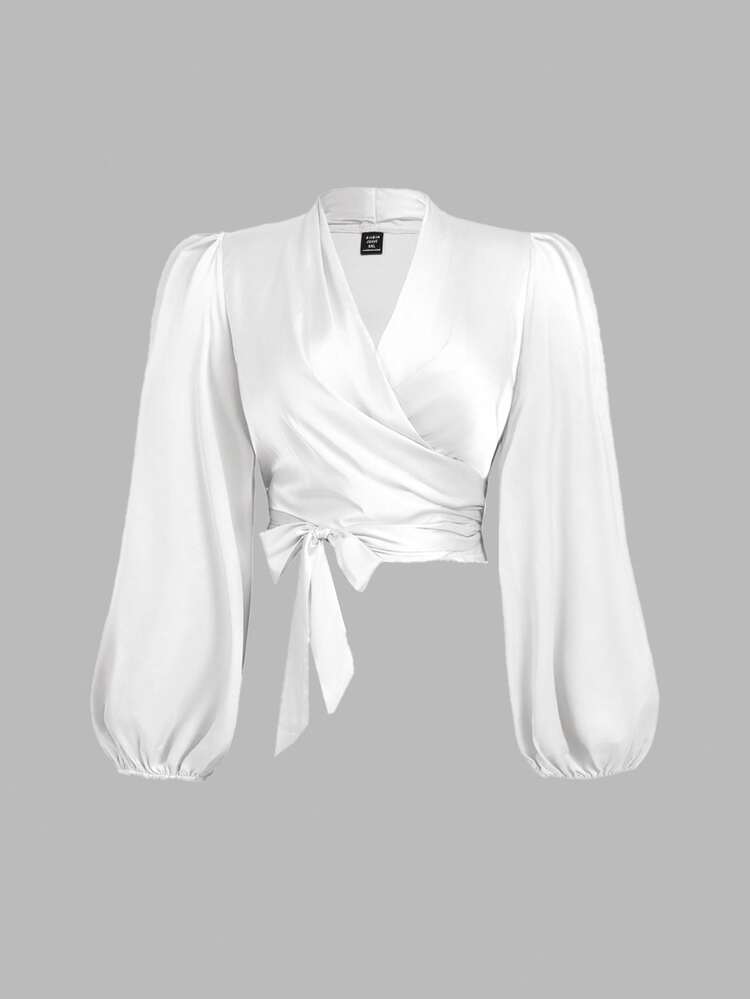 SHEIN MOD Plus Size Women's White Wrap-Style Tie Bow Lantern Sleeve Blouse Tops Women Blouses Blouses For Women White Top Women Blouses Shirts Women Blouses - White - View 2