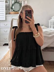 SHEIN MOD Plus Size Black Summer Boho Vacation Women's Retro Spaghetti Strap Loose Layered Ruffle Trim Top, Casual Korean Fashion Cute Sweet Wear - Black - View 1