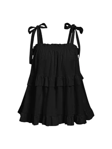 SHEIN MOD Plus Size Black Summer Boho Vacation Women's Retro Spaghetti Strap Loose Layered Ruffle Trim Top, Casual Korean Fashion Cute Sweet Wear - Black - View 2