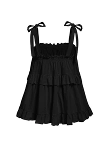 SHEIN MOD Plus Size Black Summer Boho Vacation Women's Retro Spaghetti Strap Loose Layered Ruffle Trim Top, Casual Korean Fashion Cute Sweet Wear - Black - View 3