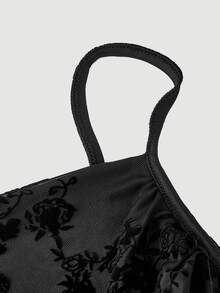 SHEIN MOD Plus Size New Black Velvet Jacquard Hollow Mesh Slip Dress, Romantic Sexy Elegant Date Evening Cocktail Vacation Lace Ruffle Bodycon Dress, Autumn - Black - View 5