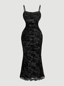 SHEIN MOD Plus Size New Black Velvet Jacquard Hollow Mesh Slip Dress, Romantic Sexy Elegant Date Evening Cocktail Vacation Lace Ruffle Bodycon Dress, Autumn - Black - View 2