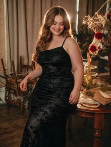 SHEIN MOD Plus Size New Black Velvet Jacquard Hollow Mesh Slip Dress, Romantic Sexy Elegant Date Evening Cocktail Vacation Lace Ruffle Bodycon Dress, Autumn - Black - View 7