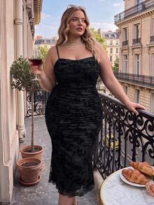SHEIN MOD Plus Size New Black Velvet Jacquard Hollow Mesh Slip Dress, Romantic Sexy Elegant Date Evening Cocktail Vacation Lace Ruffle Bodycon Dress, Autumn - Black - View 1