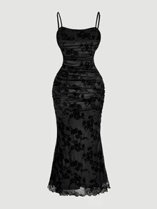SHEIN MOD Plus Size New Black Velvet Jacquard Hollow Mesh Slip Dress, Romantic Sexy Elegant Date Evening Cocktail Vacation Lace Ruffle Bodycon Dress, Autumn - Black - View 3