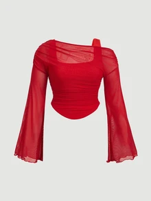 SHEIN MOD Plus Size Red Asymmetric 2 In 1 Asymmetrical Neck Sheer Mesh Knit Top Sexy Tops Women Going Out Tea Party Autumn Fall - Red - View 2