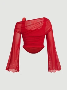 SHEIN MOD Plus Size Red Asymmetric 2 In 1 Asymmetrical Neck Sheer Mesh Knit Top Sexy Tops Women Going Out Tea Party Autumn Fall - Red - View 3