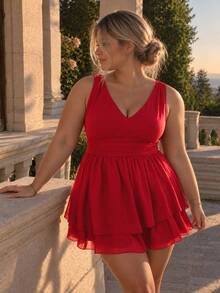 SHEIN MOD Plus Size Women's Multi-Layered Hem Waist Ruched Black Dress - Red - View 1