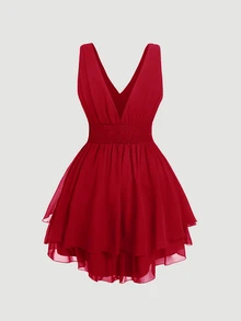 SHEIN MOD Plus Size Women's Multi-Layered Hem Waist Ruched Black Dress - Red - View 3