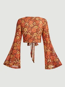 SHEIN MOD Plus Size Women's Floral Print Bell Sleeve Top, Boho Summer Mesh Crop Top With Flared Sleeves And Front Tie Detail For Vacation, Holiday - Orange - View 3