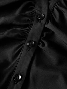 SHEIN MOD Plus Size Women V-Collar Ruffle Flared Sleeve Blouse Waist Cinched Black Shirt Witchy Button Down Concert Airport Teachers' Day Office Autumn 1920s - Black - View 5