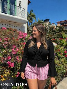 SHEIN MOD Plus Size Women V-Collar Ruffle Flared Sleeve Blouse Waist Cinched Black Shirt Witchy Button Down Concert Airport Teachers' Day Office Autumn 1920s - Black - View 7