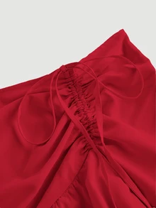 SHEIN MOD Plus Size Women's Solid Color Asymmetric Ruched Drawstring Pleated Layered Party Skirt Fall - Red - View 5