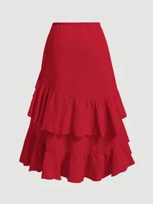 SHEIN MOD Plus Size Women's Solid Color Asymmetric Ruched Drawstring Pleated Layered Party Skirt Fall - Red - View 3