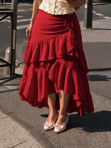 SHEIN MOD Plus Size Women's Solid Color Asymmetric Ruched Drawstring Pleated Layered Party Skirt Fall - Red - View 4