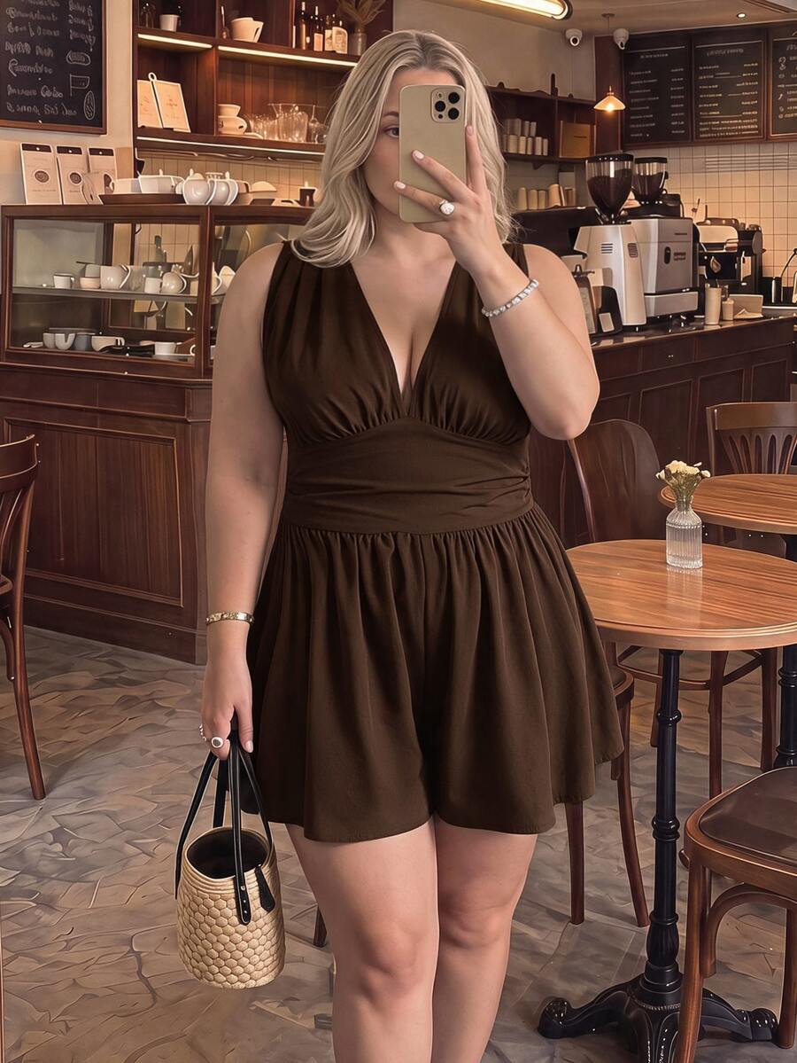 SHEIN MOD Jumpsuit Minimalis Kasual Warna Cokelat Ukuran Besar Cocok untuk Musim Panas