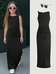 Firerie Kids Firerie Kids Tween Girl Slim Fit Casual Round Neck Sleeveless Hem Split Dress Tween Girl - Black - View 1