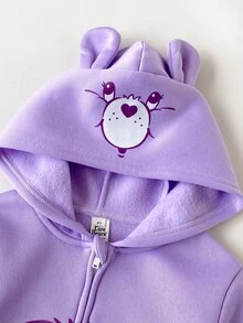 SHEIN X Care Bears 1件少女休閒百搭紫色卡通熊圖案連帽寬鬆長袖開襟運動衫，適合日常穿著、室內、運動、拍照、假期、生日，秋冬適用 - 紫色 - 查看 4