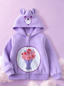 SHEIN X Care Bears 1件少女休閒百搭紫色卡通熊圖案連帽寬鬆長袖開襟運動衫，適合日常穿著、室內、運動、拍照、假期、生日，秋冬適用 - 紫色 - 查看 2