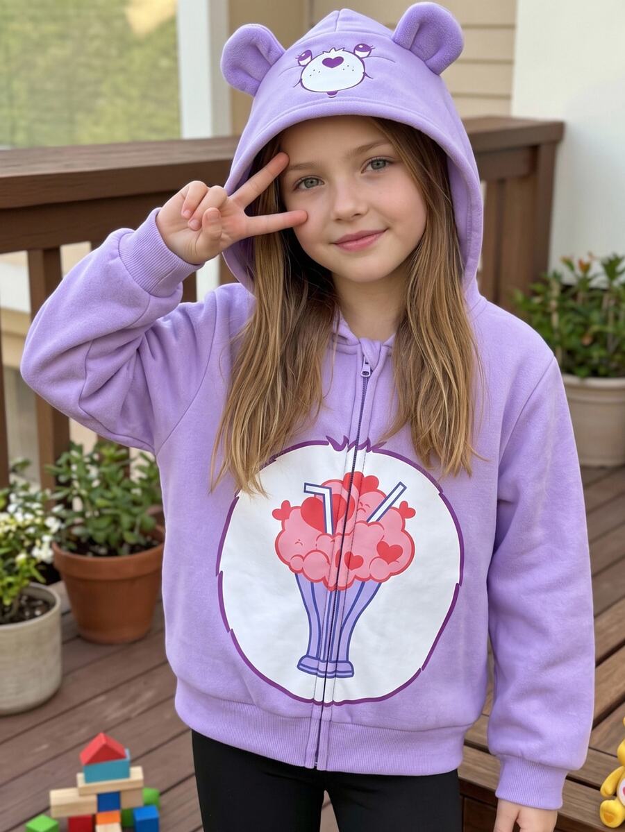 SHEIN X Care Bears 1件少女休閒百搭紫色卡通熊圖案連帽寬鬆長袖開襟運動衫，適合日常穿著、室內、運動、拍照、假期、生日，秋冬適用 - 紫色 - 查看 1