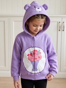 SHEIN X Care Bears 1件少女休閒百搭紫色卡通熊圖案連帽寬鬆長袖開襟運動衫，適合日常穿著、室內、運動、拍照、假期、生日，秋冬適用 - 紫色 - 查看 6