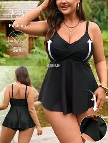 SHEIN Swim Curve 大尺碼女款黑色V領交叉結收腹坦克比基尼2件式泳衣，海灘度假夏季穿搭，性感優雅 - 黑色 - 查看 1