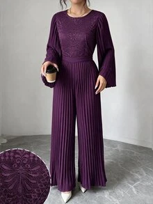 Modelyn Spring/Autumn Purple Round Neck Lace Patchwork Long Sleeve Slimming Pleated Wide Leg Women's Elegant Jumpsuit - Purple - View 6