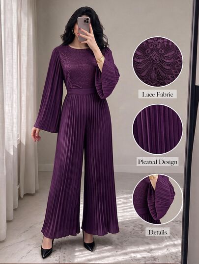 Modelyn Spring/Autumn Purple Round Neck Lace Patchwork Long Sleeve Slimming Pleated Wide Leg Women's Elegant Jumpsuit