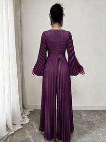 Modelyn Spring/Autumn Purple Round Neck Lace Patchwork Long Sleeve Slimming Pleated Wide Leg Women's Elegant Jumpsuit - Purple - View 7