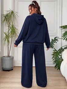 SHEIN EZwear 兩件組秋冬大尺碼休閒長袖連帽上衣與長褲套裝 - 寶藍色 - 查看 3