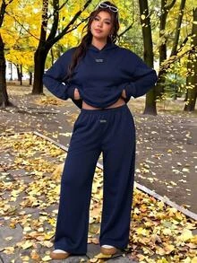 SHEIN EZwear 兩件組秋冬大尺碼休閒長袖連帽上衣與長褲套裝 - 寶藍色 - 查看 2