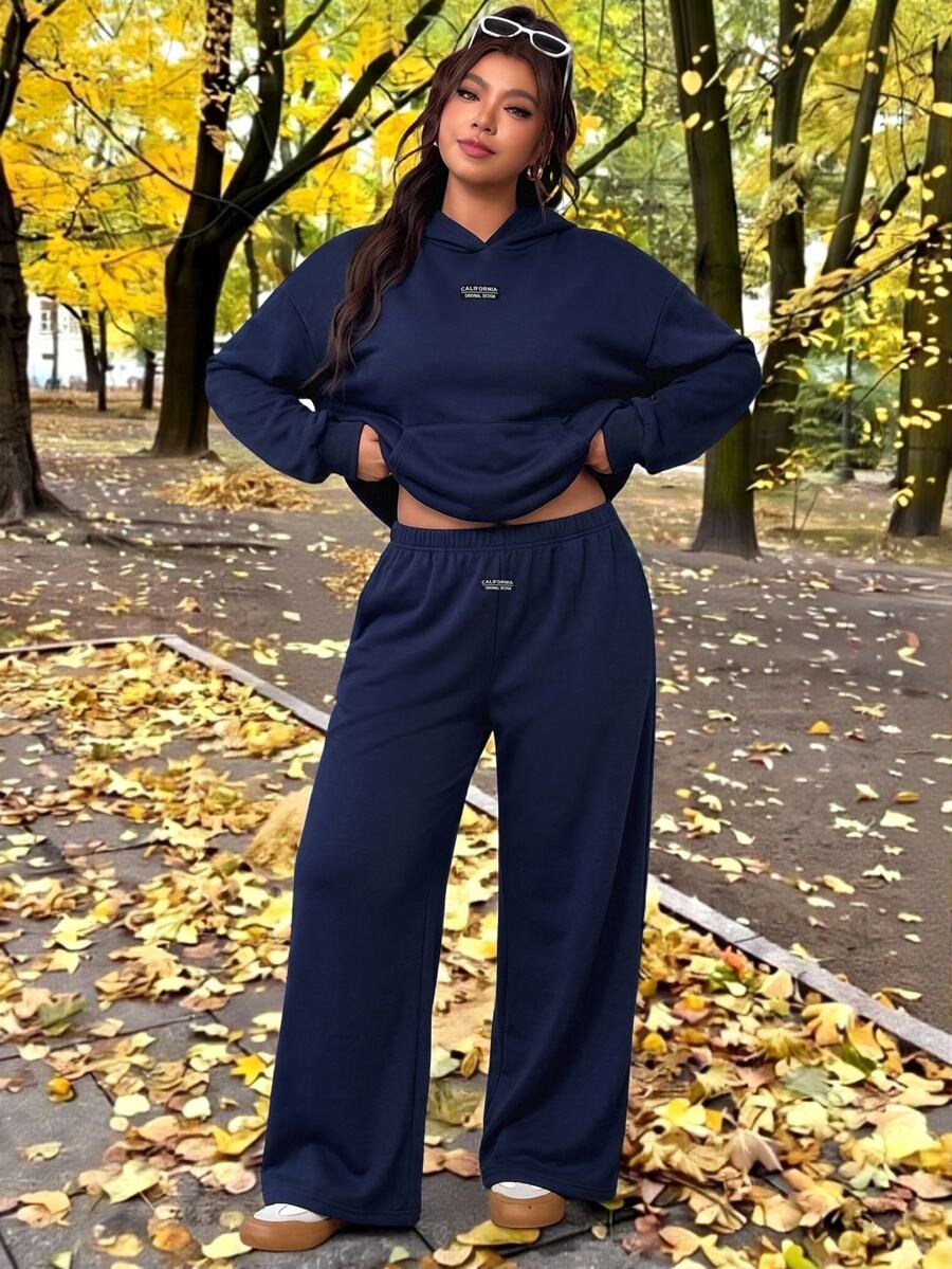SHEIN EZwear 兩件組秋冬大尺碼休閒長袖連帽上衣與長褲套裝