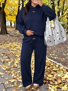 SHEIN EZwear 兩件組秋冬大尺碼休閒長袖連帽上衣與長褲套裝 - 寶藍色 - 查看 9
