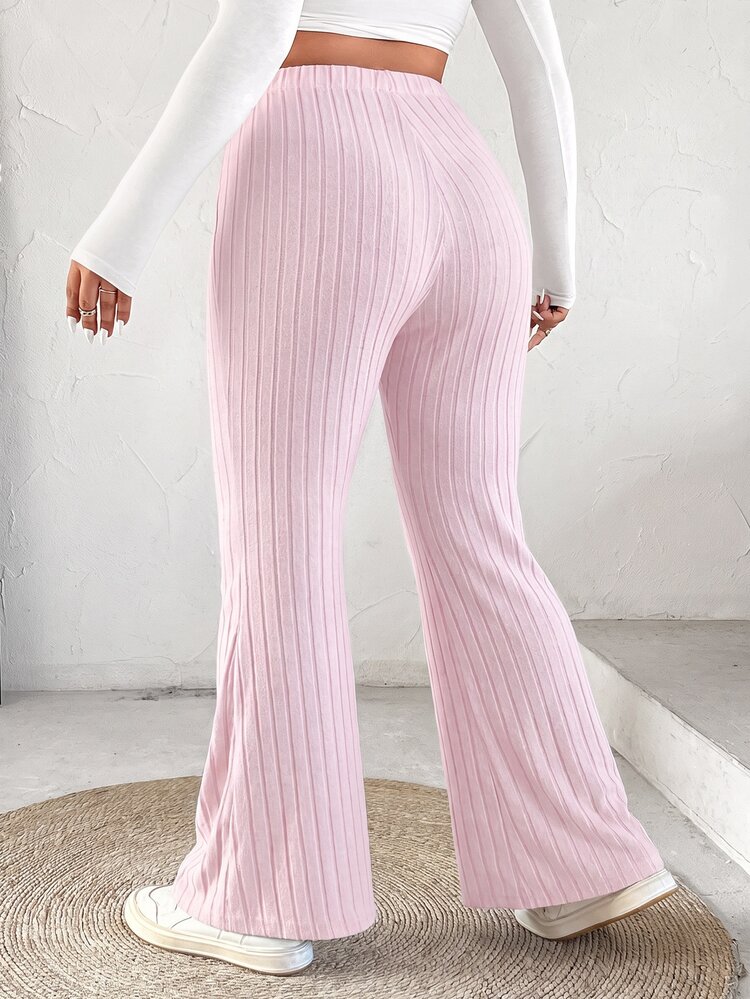 SHEIN EZwear Plus Size Women's Solid Color Slit Ribbed Flare Pants Fall - Pink - View 2