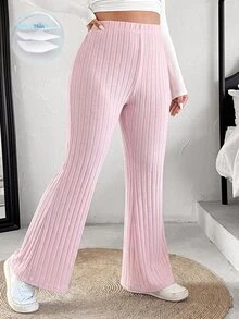 SHEIN EZwear 大尺碼女款素色開衩羅紋喇叭褲 秋季 - 粉色 - 查看 1