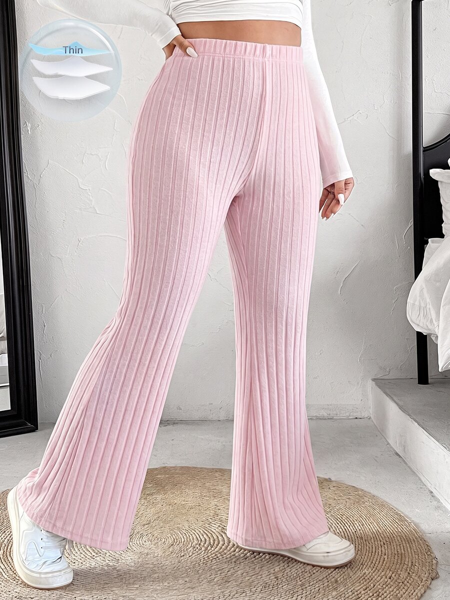 SHEIN EZwear 大尺碼女款素色開衩羅紋喇叭褲 秋季 - 粉色 - 查看 1