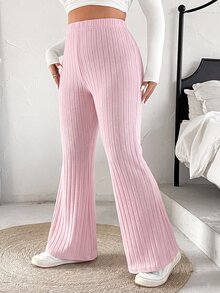 SHEIN EZwear 大尺碼女款素色開衩羅紋喇叭褲 秋季 - 粉色 - 查看 4