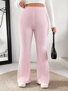 SHEIN EZwear 大尺碼女款素色開衩羅紋喇叭褲 秋季 - 粉色 - 查看 5