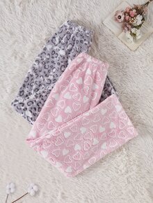 Snug Reverie 2PCS Women Sleep Bottoms Lounge Grey Leopard Print Pink And White Fall Cute Casual - Multicolor - View 2