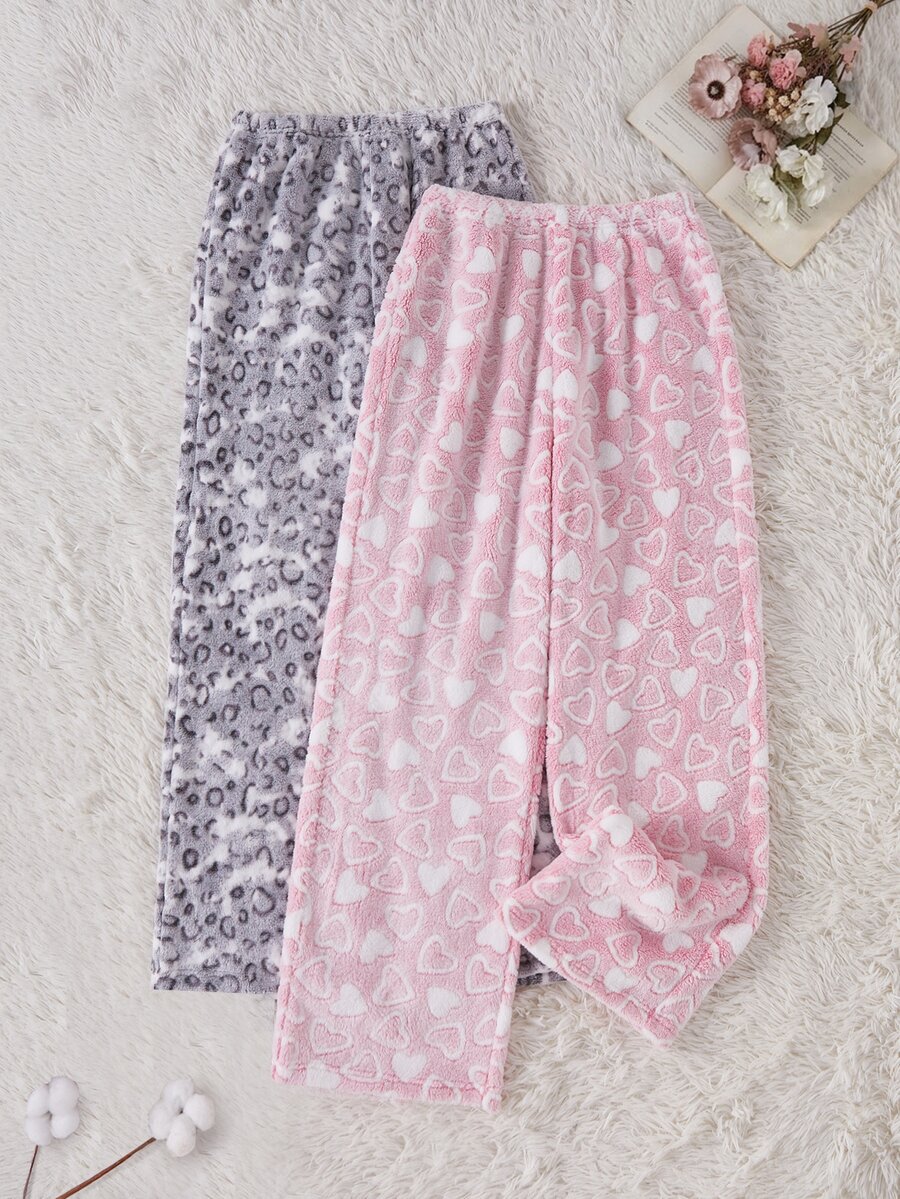 Snug Reverie 2PCS Women Sleep Bottoms Lounge Grey Leopard Print Pink And White Fall Cute Casual - Multicolor - View 1