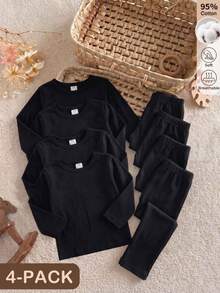 SHEIN Vintaside Kids Baby Boy Multi-Piece Set, Pure Black Crew Neck Long Sleeve T-Shirt, Suitable For Spring And Autumn. Casual Minimalist Style, Comfortable And Versatile. Clean And Elegant, Without Excessive Decoration, Showcasing Low-Key Texture. Knitted Fabric, Moderate Thickness. Can Be Worn Alone, As A Base Layer In Autumn, And As An Inner Layer In Winter. Suitable For School, Outdoor Play, Sports And Daily Wear - Black - View 4
